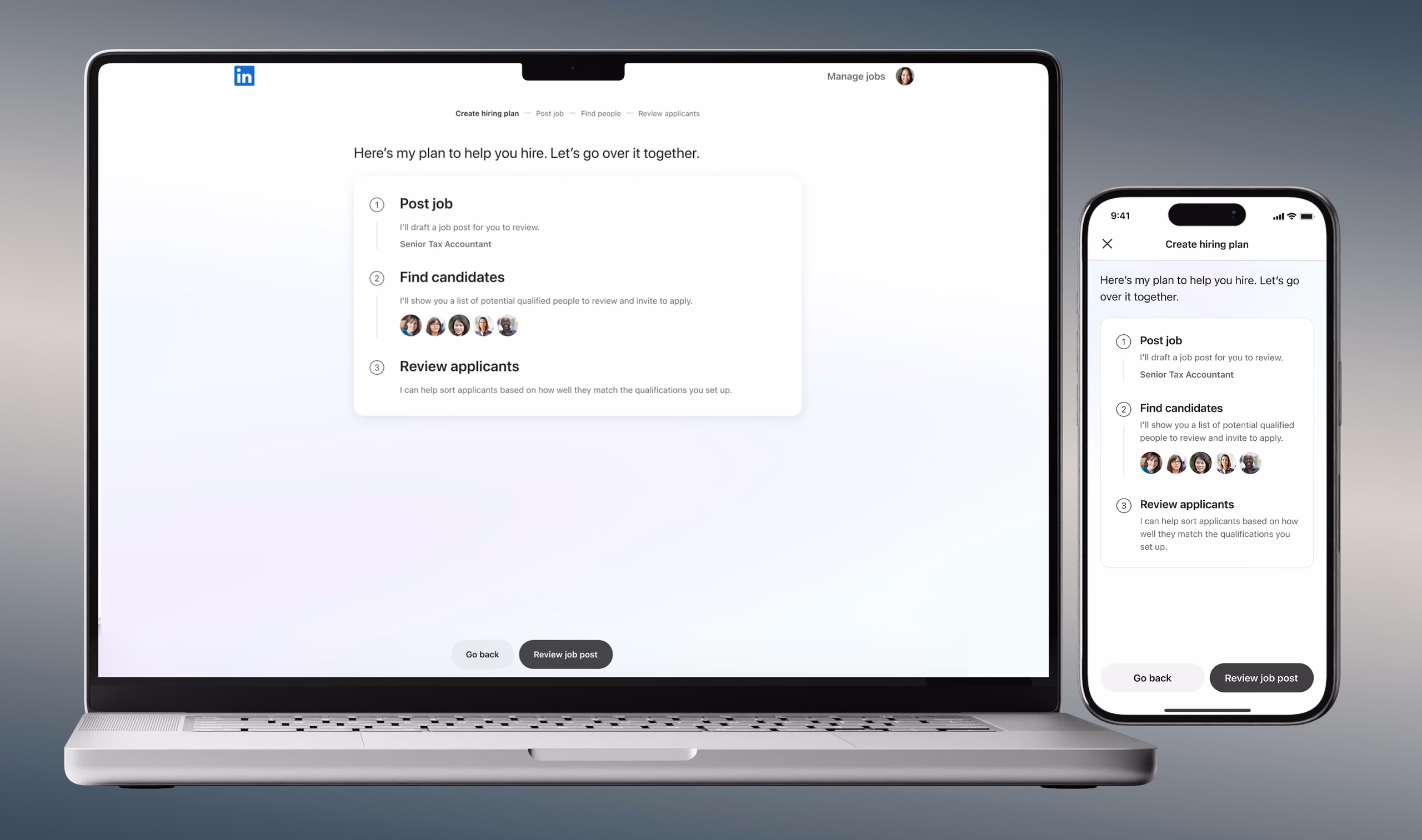 Hiring Assistant search results on desktop and mobile