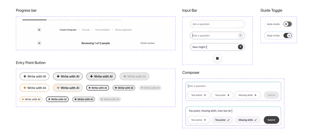 Agentic design system components: progress bar, input bar, composer and entry points