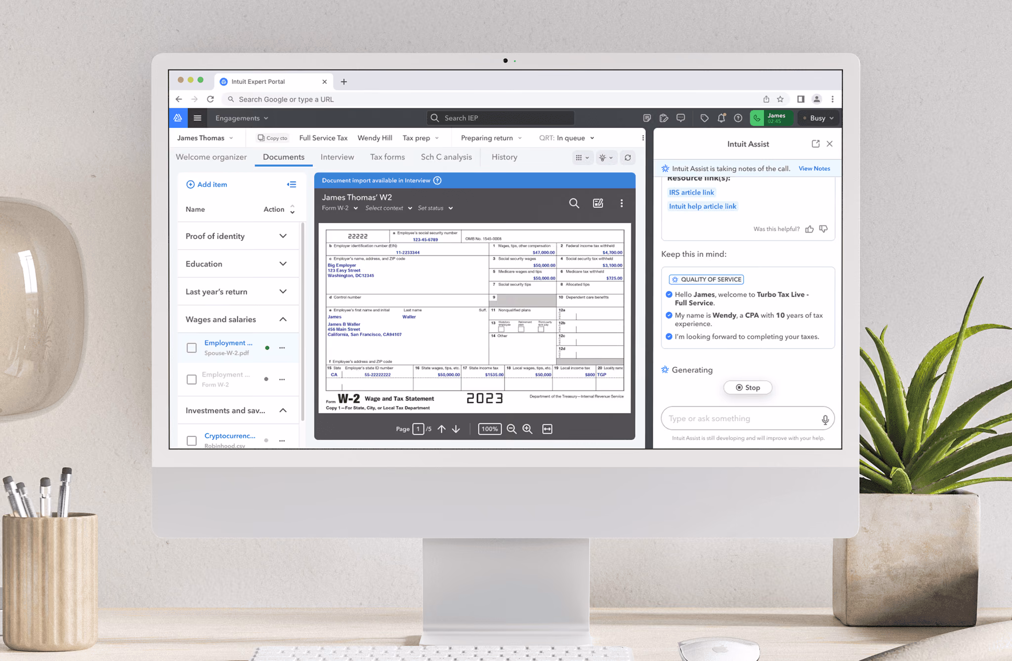 Intuit Assist open beside a customer’s tax documents on an iMac