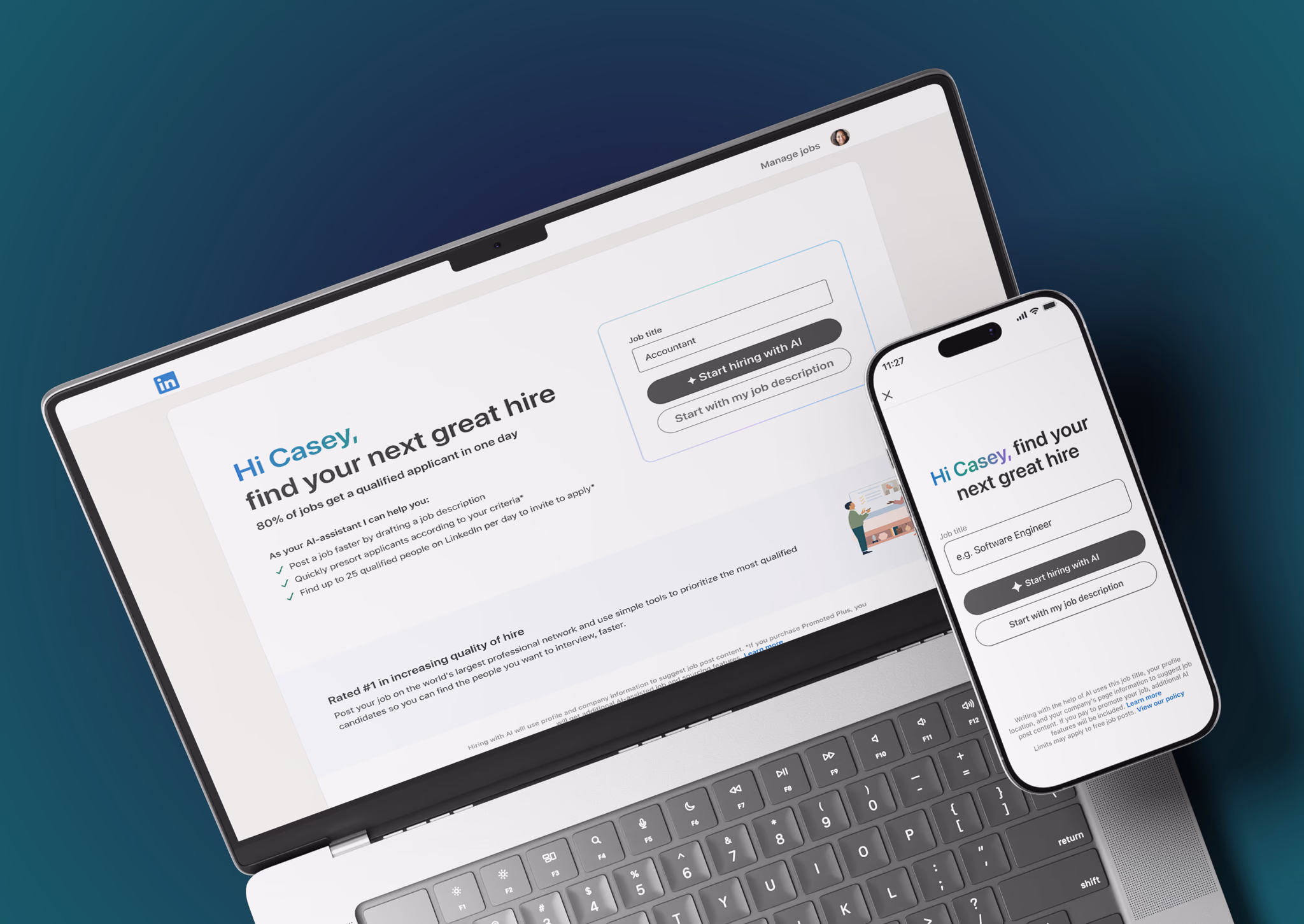 Hiring Assistant’s landing page on a laptop and a phone
